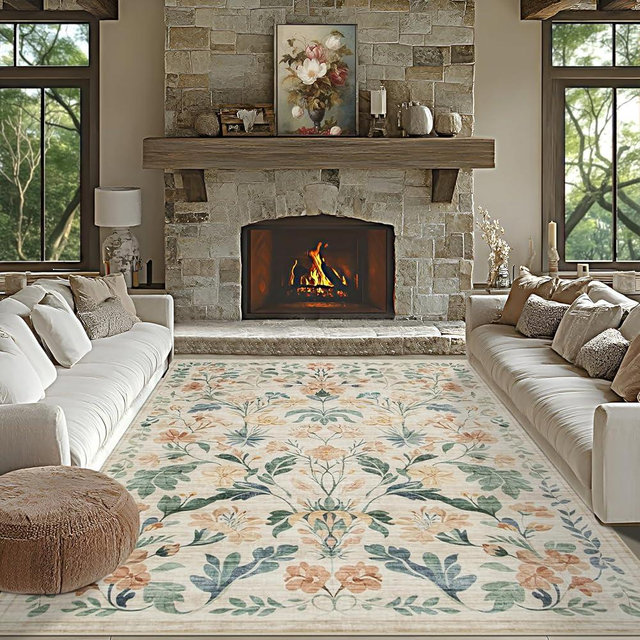 Area Rugs 9x12 Living Room: Lagre Boho Living Room Rug Soft Anti-Skid Thin Carpet Indoor Floor Non-Shedding Neutral Floral Carpets for Bedroom Dining Room Farmhouse Nursery Beige