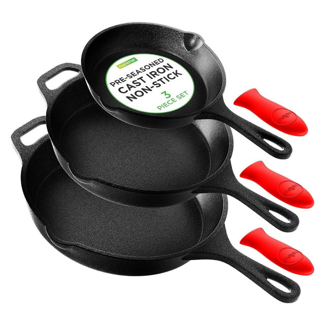 NutriChef 3-Piece Cast Iron Skillet Pan Set - Pre-Seasoned with Cool-Touch Handles - Black