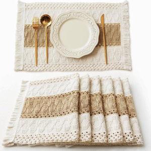 FEXIA Boho Placemats Set of 6, Macrame Table Decor Farmhouse Style Placemats in Natural Cotton Burlap, for Kitchen and Dining Table Centerpiece Home Decorations（Beige & Brown）