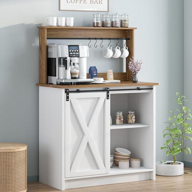 Farmhouse Coffee Bar with Storage, White Coffee Bar with Hutch and 6 Hooks, 31.5 Inch Buffet Cabinet with Sliding Barn Door, Farmhouse Coffee Bar Cabinet with Adjustable Shelves for Living Dining Room