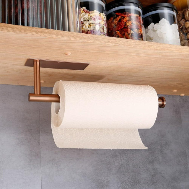 Paper Towel Holders,Paper Towels Rolls - for Kitchen,Wall Mounted Paper Towel Roll Holder for Kitchen, Bathroom,Both Available in Adhesive and Screws,Stainless Steel-(Rose Gold)