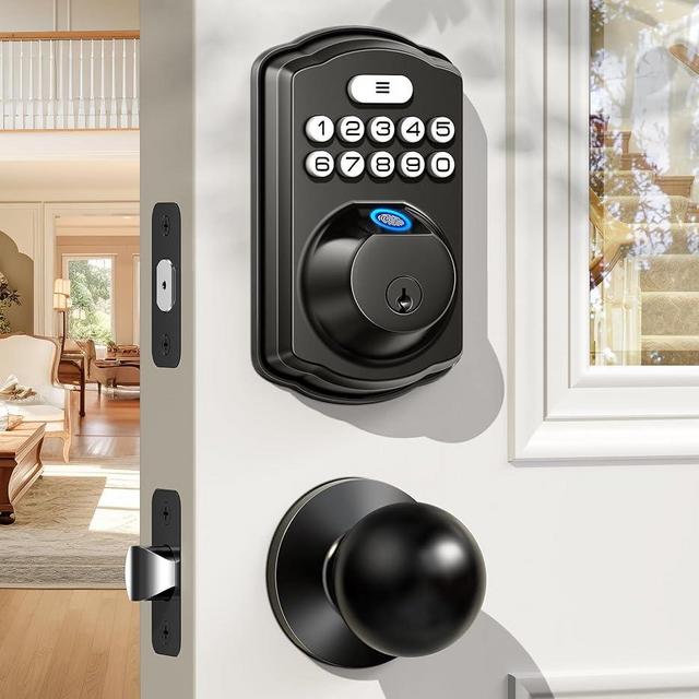 Veise Fingerprint Door Lock with 2 Door Knobs - Keyless Entry Door Lock with Handle, Electronic Keypad Deadbolt Smart Front Door Lock Set, Auto Lock, Waterproof, Easy Installation, Matte Black