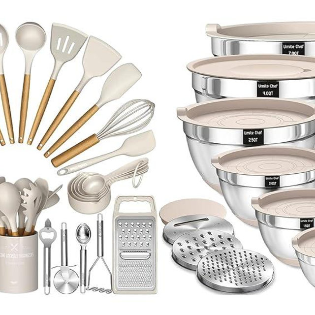 Umite Chef 34pcs Kitchen Utensil Set and 26pcs Mixing Bowls with Lids Set