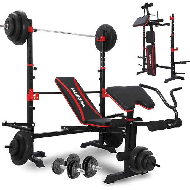 MAIDOMA 1500LB 6 IN 1 Olympic Weight Bench with Leg Extension & Leg Curl, Foldable Bench Press with Preacher Curl & Squat Rack, Workout Benches with Safety Bar Catches for Home Gym(US Stock)