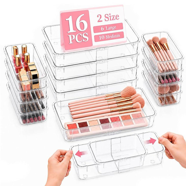 16 PCS Clear Drawer Organizer Set, Expandable Acrylic Vanity Storage Bins, 2 Sizes Adjustable Plastic Junk Drawer Dividers, BPA-Free Non-Slip Stackable Organizers for Makeup, Bedroom, Office & Tools