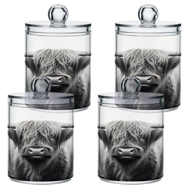 Kigai Highland Cow Qtip Holder Dispenser for Cotton Ball, Cotton Swab,Plastic Clear Apothecary Jar, Home Décor Kitchen Storage Jar,4 Pack