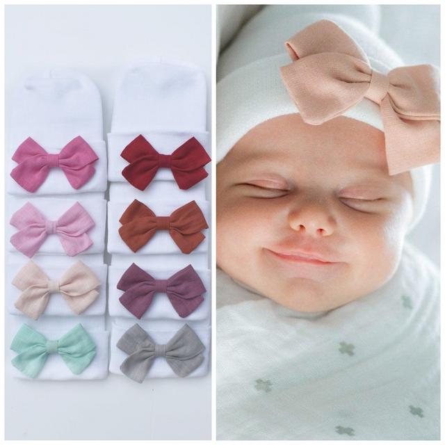 Newborn WINTER HAT with bow for baby girls, Beanie, Hospital Hat, Bow colors: Gray, Blush, Mustard, Green. Boutique Hospital Hat TM