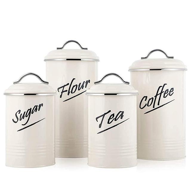 Hillbond Food Storage Canisters Containers: Carbon Steel with Ivory Powder Coated Decorative Storage Jars Set of 4