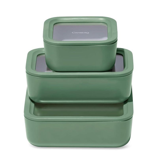 Caraway 3pc Glass Food Storage Set – 10 Cup, 6.6 Cup, & 4.4 Cup Food Containers - Ceramic Coated - Non Toxic Non Stick Lunch Box with Glass Lids - Dishwasher, Oven, & Microwave Safe - Sage