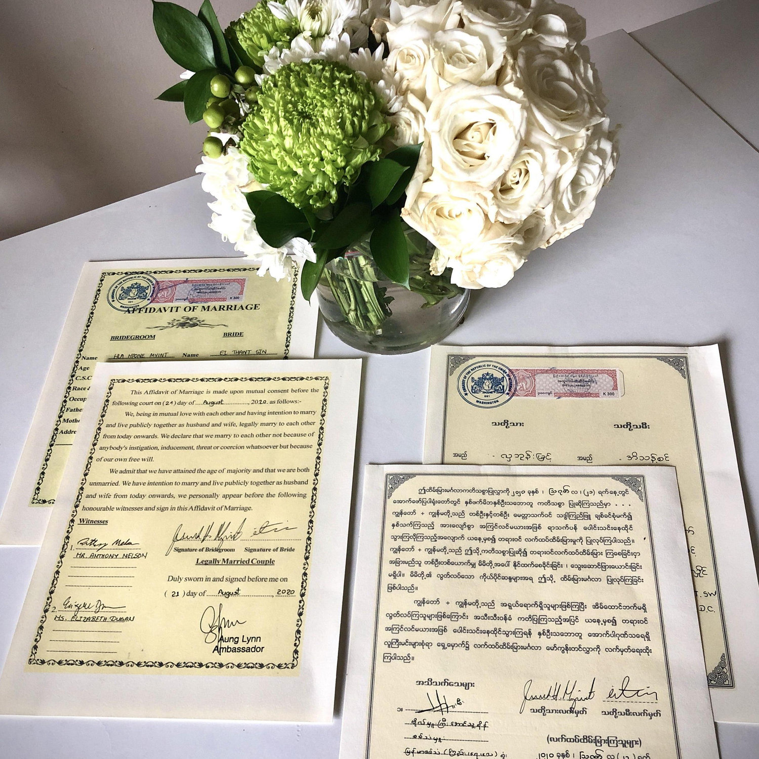 Our marriage certificates (in Burmese and in English)