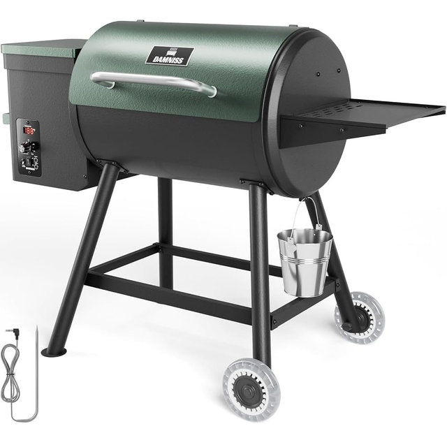 DAMNISS Pellet Grill Smoker 8 In 1 Outdoor Wood Electric Pellet BBQ Grill With PID Temperature Control And Meat Probe 456 Sq.In Removable Cooking Area Easy Clean