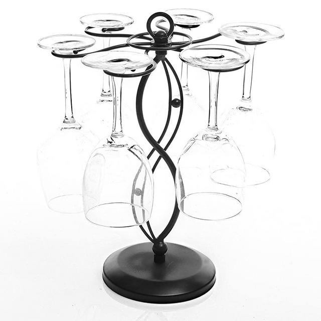 Scrollwork Black Metal Freestanding Tabletop Stemware Storage Rack/Wine Glass Cup Holder with 6 Hooks