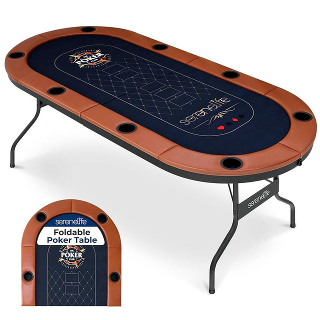 SereneLife 6ft Foldable Poker Game Table, 8 Player Casino Style Oval Card Table with Cushioned Rails, 8 Cup Holders, Metal Legs, Water-Resistant, Felt-Surface, Games Table 71.65"x32.28"x29.13" Inch