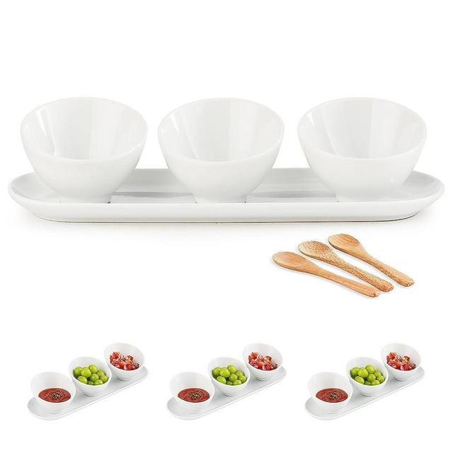 Cormomu Chip & Dip Serving Set with Serving Tray and Wooden Spoon, 4 Inch Slant Porcelain Serving Bowls for Snacks, Salsa, Appetizer, Jams,Serving Trays for Entertaining