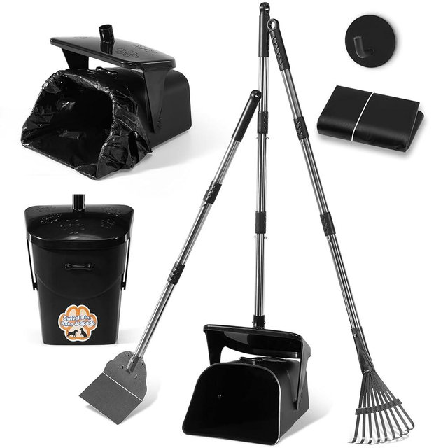 Ulugt Stainless Steel Dog Pooper Scooper,40" Long Handle Swivel Bin, Rake and Spade,20 Waste Bags & Hook - Heavy Duty Portable Metal Poop Scooper for Large,Medium and Small Dogs