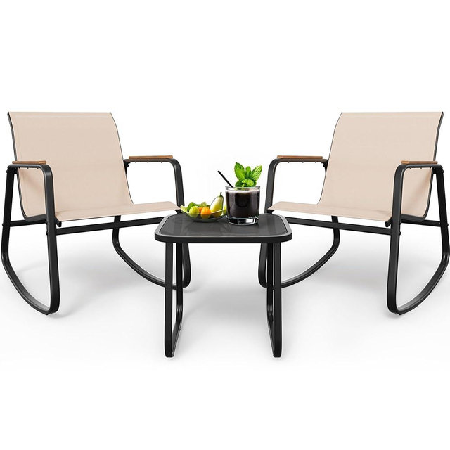 DWVO Patio Rocking Bistro Set, 3 Piece Durable Textilene Outdoor Furniture Set, Wooden Armrest Rocker Chairs & Glass Table for Garden, Balcony & Poolside, Beige