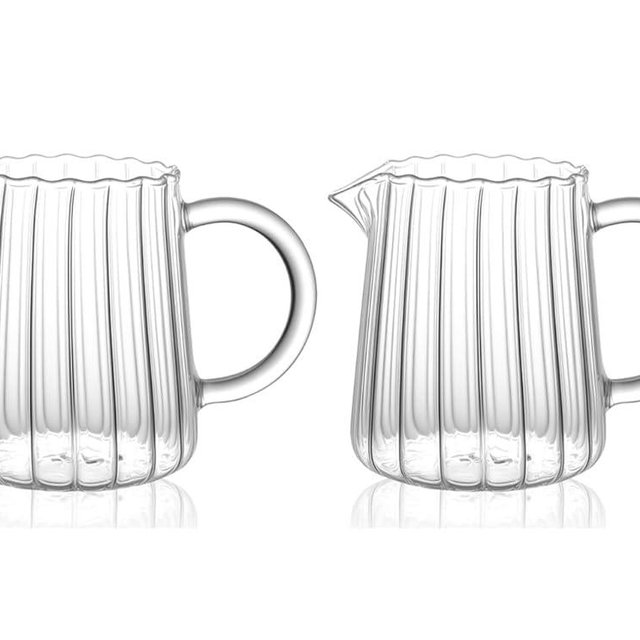 2 Pack Small Glass Pitcher 8.5 Oz, Mini Creamer Pitcher for Coffee Bar, Clear Glass Milk Server for Tea, Syrup or Cream, Ribbed Carafe with Handle and Spout