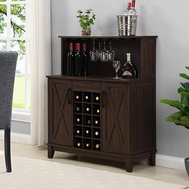Bar Cabinet with Wine Rack | Two Doors with Handles Wood and MDF (Mahogany)