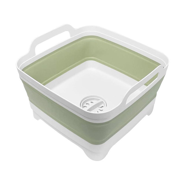 2.4 Gal(9L) Collapsible Dish Basin with Drain Plug, Space Saving Outdoor Multiuse Foldable Sink Tub, Dishpan, Kitchen Storage Tray for Camping, Vegetable Washing, RV (Green)