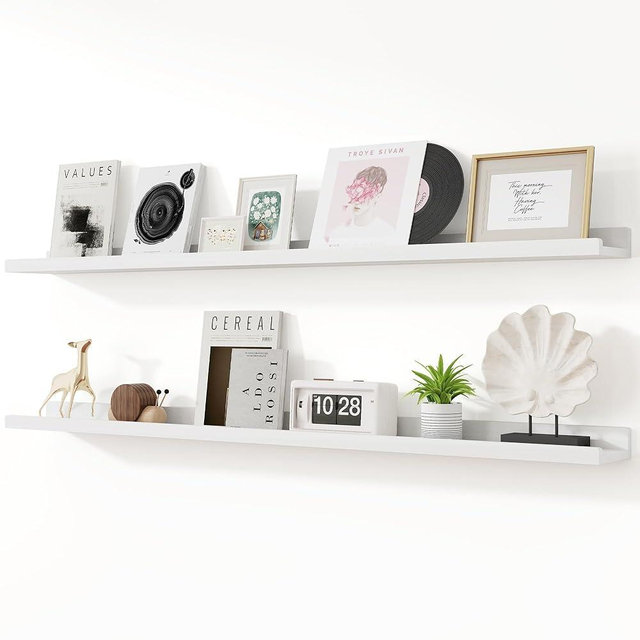 RICHFOCUS Picture Ledge Shelf Set of 2, 55 Inch Long Natural Wood Floating Shelves with Lip for Wall Storage, Nursery Floating Book Shelves for Living Room Bathroom Bedroom Kitchen, Washed White