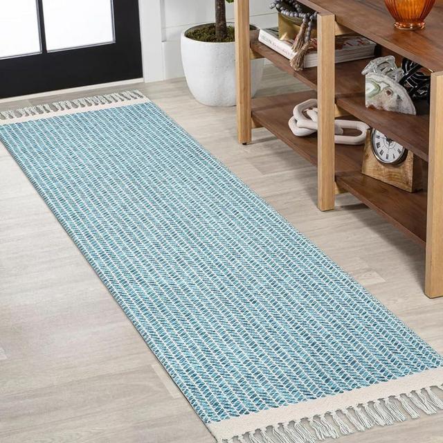 Lahome Boho Kitchen Runner Rug, 2x6 Laundry Room Rug Lightweight Bathroom Runner Woven Cotton Throw Mat with Tassels, Farmhouse Washable Blue Rug Low Pile Runners for Hallways Entry