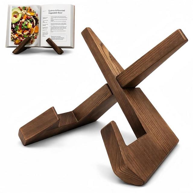 Cookbook Stand for Kitchen Counter, Wooden Recipe Book Holder, Cookbook Holder for Kitchen, Rustic Brown Cook Book Stand