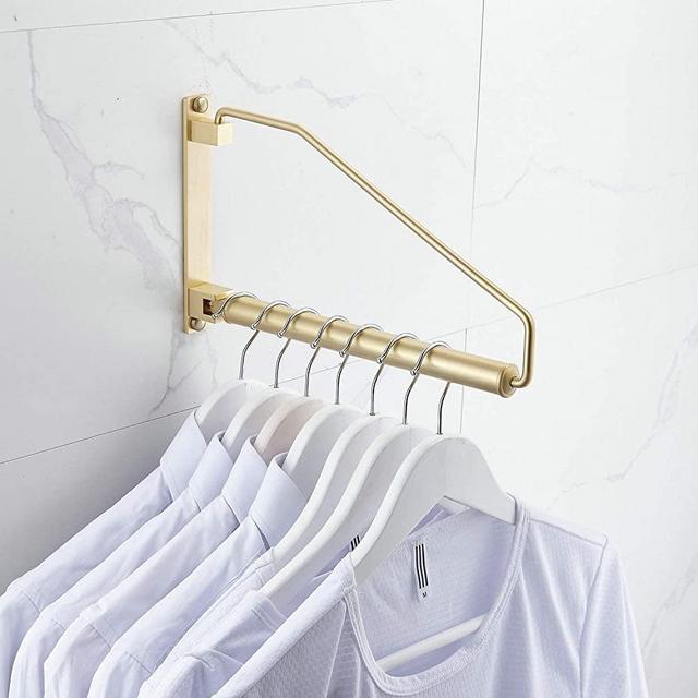 Folding Clothes Hanger Gold Brushed Drying Clothes Rack Wall-Mounted Space Saver for Laundry Room Closet, Brass, 12 Inch