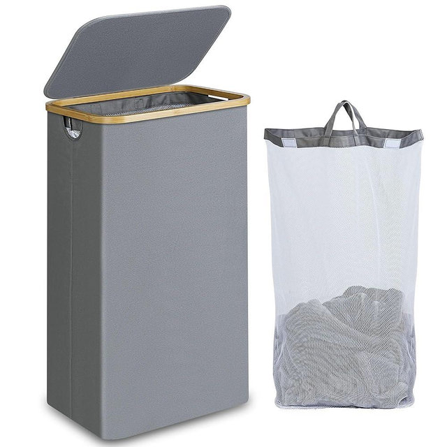 efluky Laundry Basket with Lid and Removable Bag, 100L Tall Laundry Hamper with Bamboo Handles, Aesthetic Dirty Clothes Bin for Laundry Room, Bathroom, Bedroom and Dorm, Silver Grey