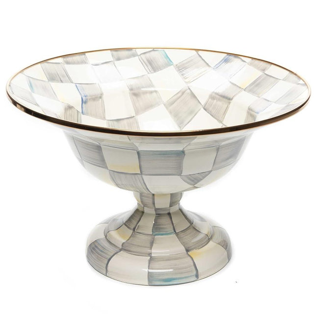 MACKENZIE-CHILDS Sterling Check Enamel Compote, Large Enamel Fruit Bowl or Pedestal Candy Bowl, Decorative Kitchen Dish