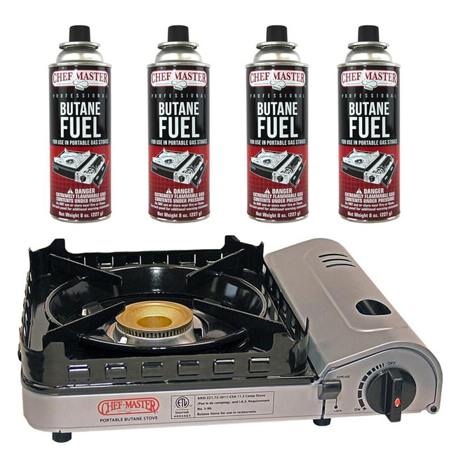 Chef Master 90019 Portable Stove Combination Pack, Includes 4 x 8 oz. Tins of Butane Fuel | 15 000 BTU | Perfect for Emergency Cooking and Boiling Water | Perfect for Camping | No Batteries Needed