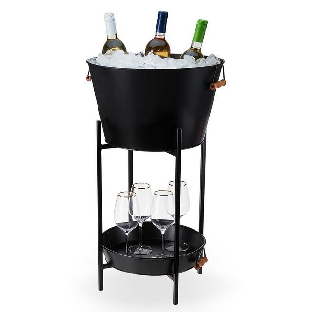 Twine Black Beverage Tub with Stand, Galvanized Metal Bucket and Tray, Acacia Wood Handles, Set of 3