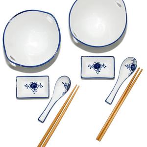 Blue and White Porcelain Ramen Bowl Set - Soup Bowl With Chopsticks, Sauce Dish, Hooked Spoon Set of 2, by Umami Tableware