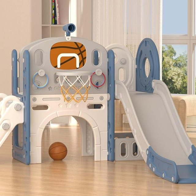 XJD 8 in 1 Toddler Slide Set, Kids Slide for Toddlers Age 1+, Toddler Climber Slide PlaySet with Basketball Hoop and Ball,Outdoor Indoor Playground for Toddlers 1-3 (Blue Gley, 8 in 1)