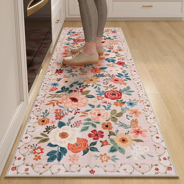 DUKINO Runner Rug, 2.6x8 Kitchen Runner Rug for Hallway with Non Slip Backing, Washable Low Pile Soft Boho Floral Carpet for Hallway, Kitchen, Entryway, Laundry, Bedroom, Beige