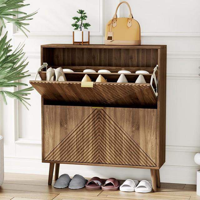 oakvivo Shoe Cabinet with 2 Flip Drawers, 31.5" Walnut Narrow Hidden Shoe Storage Cabinet, Freestanding Shoe Rack Organizer with Wooden Legs, Farmhouse Slim Shoe Storage for Entryway, Foyer, Hallway