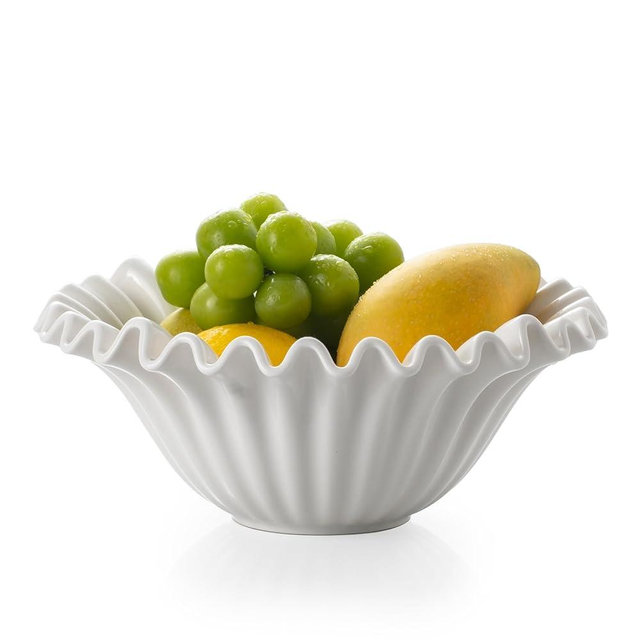 KOKUNKA Large Decorative Bowl, 10 inches Porcelain Fruit Bowl for Kitchen Counter HandCrafted Ruffle Bowl for Home Decor Stylish Flower Dish for Party, White