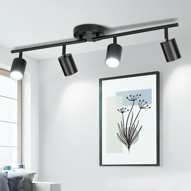 Fondiiz 4 Ways Track Lighting, Rotatable Heads Tracks Light, Track Lightings Fixtures Ceiling with Foldable Arms, Modern Black Tracks Light for Kitchen, Living Room, Hallway(Bulbs Not Included)