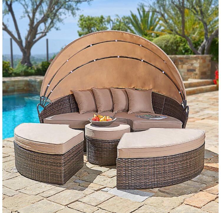 SUNCROWN Outdoor Patio Round Daybed with Retractable Canopy | Brown Wicker Furniture Clamshell Sectional Seating w/Table | Washable Cushions | Patio, Backyard, Porch, Pool