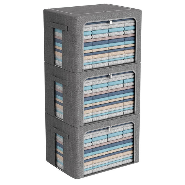 CYhom 3Pack Foldable Storage Bins - Frame Storage Box Linen Fabric Stackable Clothes Container Organizer with Clear Window & Carry Handles Large Capacity (Extra Large-100L, Dark Gray)