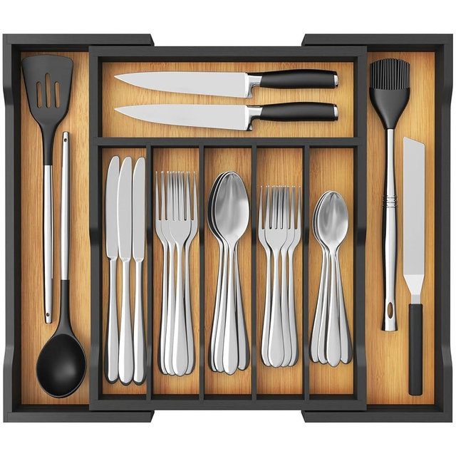 Lifewit Silverware Drawer Organizer, Bamboo Utensil Tray for Kitchen, Expandable Flatware and Cutlery Holder, Adjustable Storage for Spoons Forks Knives, Large, Natural and Black