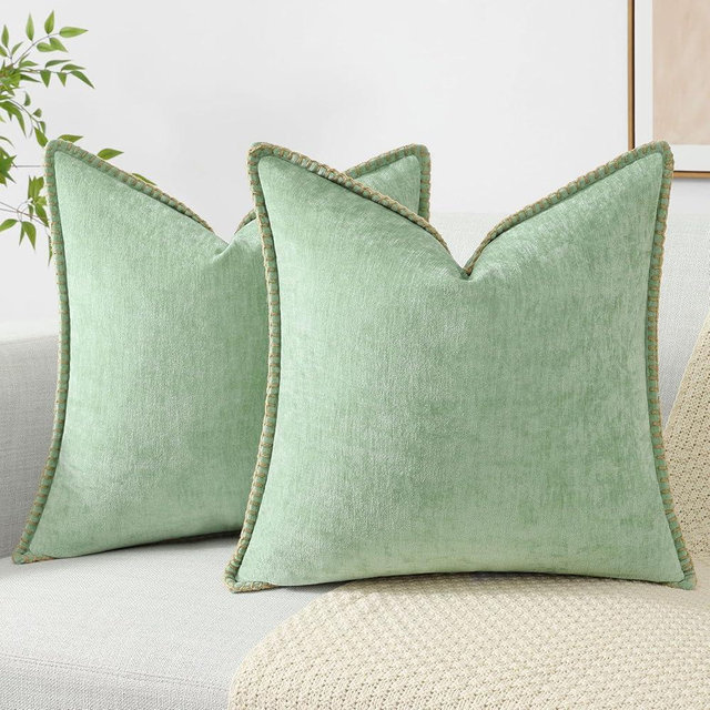 decorUhome Spring Chenille Soft Throw Pillow Covers 20x20 Set of 2, Farmhouse Velvet Neutral Decorative Pillow Covers with Stitched Edge for Couch Sofa Bed Home Decor, Sage Green