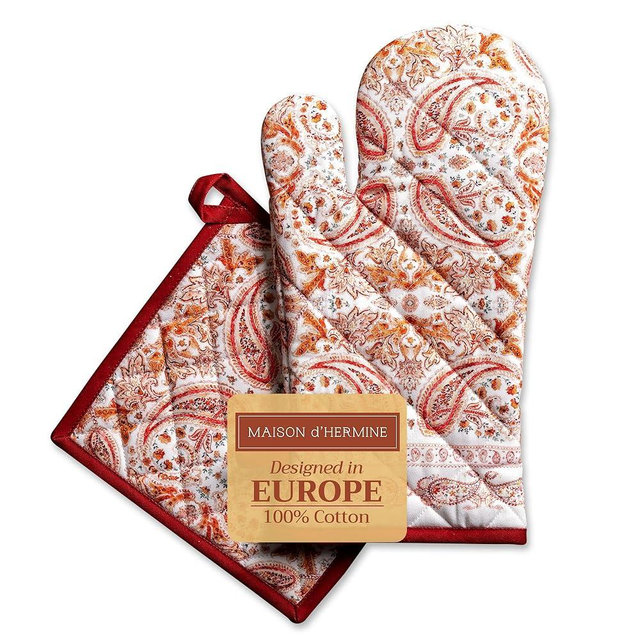 Maison d'Hermine 100% Cotton Oven Mitt & Pot Holder Set (7.5"x13" & 8"x8") Heat Resistant BBQ Cooking Gloves with Loop, Baking, Grilling, Kitchen, Handling Hot Pans (Orient)