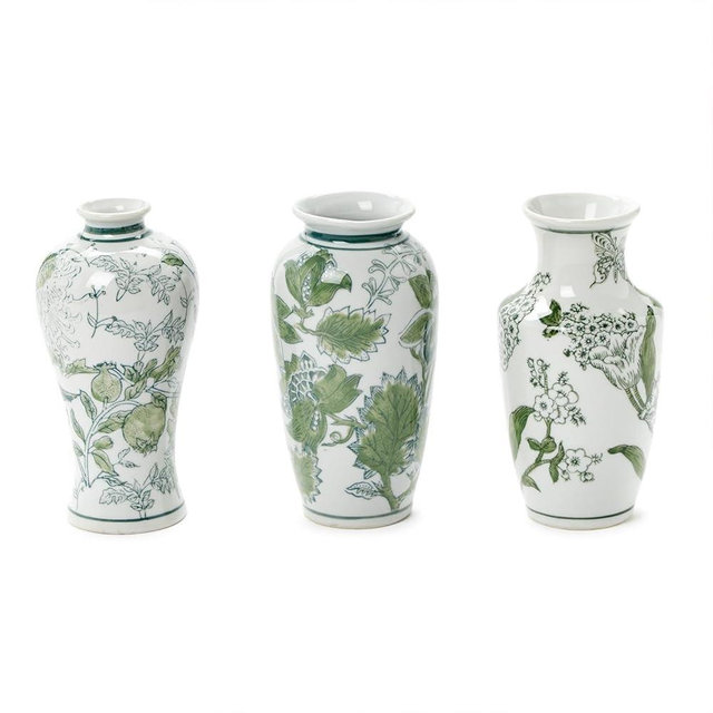 Two's Company Primrose and Lotus Chinoiserie Vases, 7.75-Inch, Porcelain, Set of 3