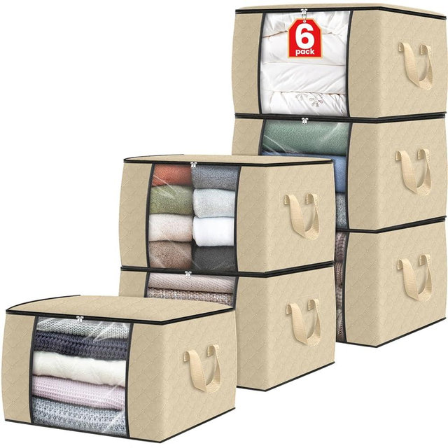 Fab totes 6 Pack Clothes Storage, Foldable Thick Fabric Blanket Storage Bags, Containers for Organizing Bedroom, Closet, Clothing, Comforter,Organization with Handle,Beige