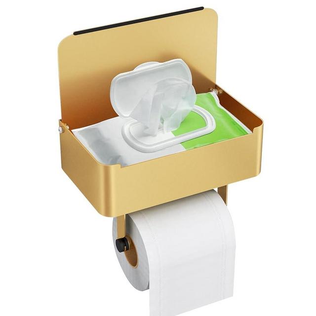 JUYSON Toilet Paper Holder with Shelf, Flushable Wipes Dispenser Fits for Bathroom Wipe Storage, Keep Your Wipes Hidden Out of Sight - SUS304 Stainless Steel Wall Mount Organizer (Color Gold)