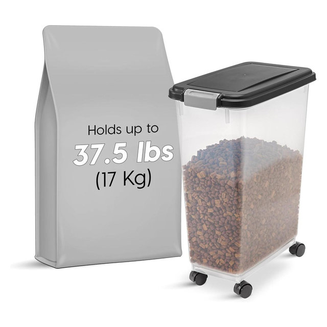 IRIS USA 37.5 Lbs/47 Qt WeatherPro Airtight Pet Food Storage Container with Attachable Casters, For Dog Cat Bird and Other Pet Food Storage Bin, Black