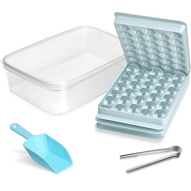 BEGIALO Ice Cube Tray, Round Ice Trays for Freezer with Lid and Bin, Circle Ice Mold Making 66 x 1.0IN Small Ice Balls,Sphere Ice Makers(2 Blue Ice Trays, 1 Ice Bucket Scoop & Tong)