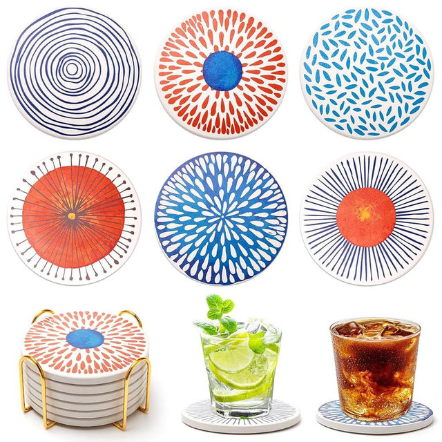 Funny Ceramic Absorbent Coaster Set of 6 Mid Century Coasters for Drinks Fun Boho Coffee Table Decor Cool Desk Coasters with Holder Unique Kitchen Accessories Outdoor Beach Cute Stone Cup Coaster