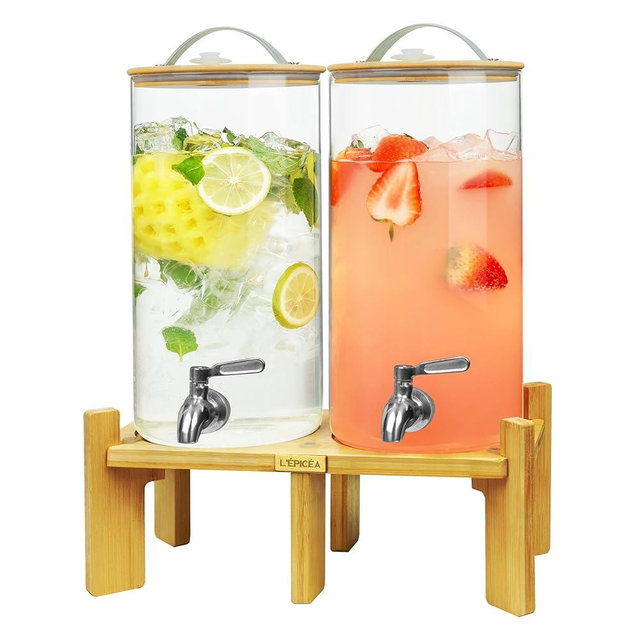 L'ÉPICÉA 1.5 Gallon Drink Dispenser for Parties 2 PCS, Beverage Dispenser Set of 2, Glass Drink Dispensers with Wood Stand, Large Drink Dispenser with Stainless Steel Spigot 100% Leakproof, Wood Lid.