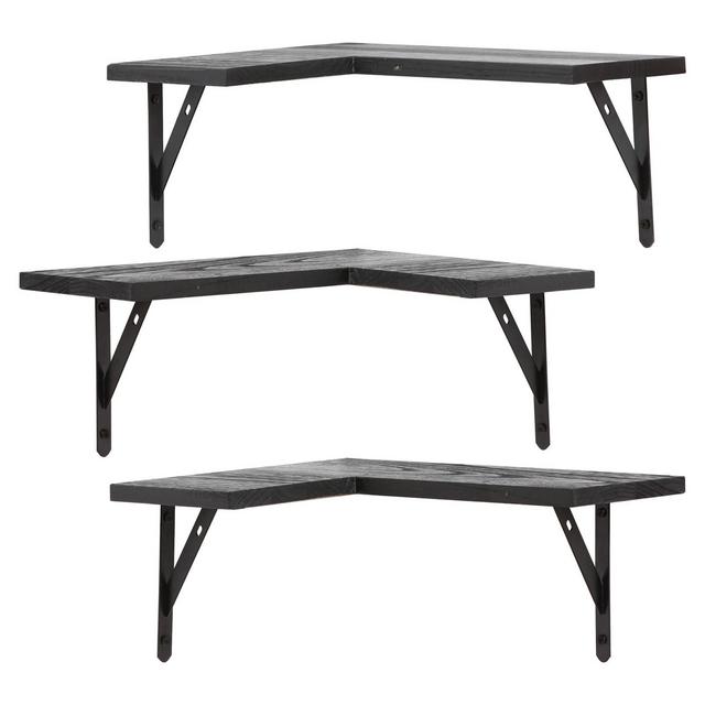 Unique Bargains Wood Wall Mounted Floating Shelves for Bedroom and Kitchen Set of 3 Black 15.7x11.4 in
